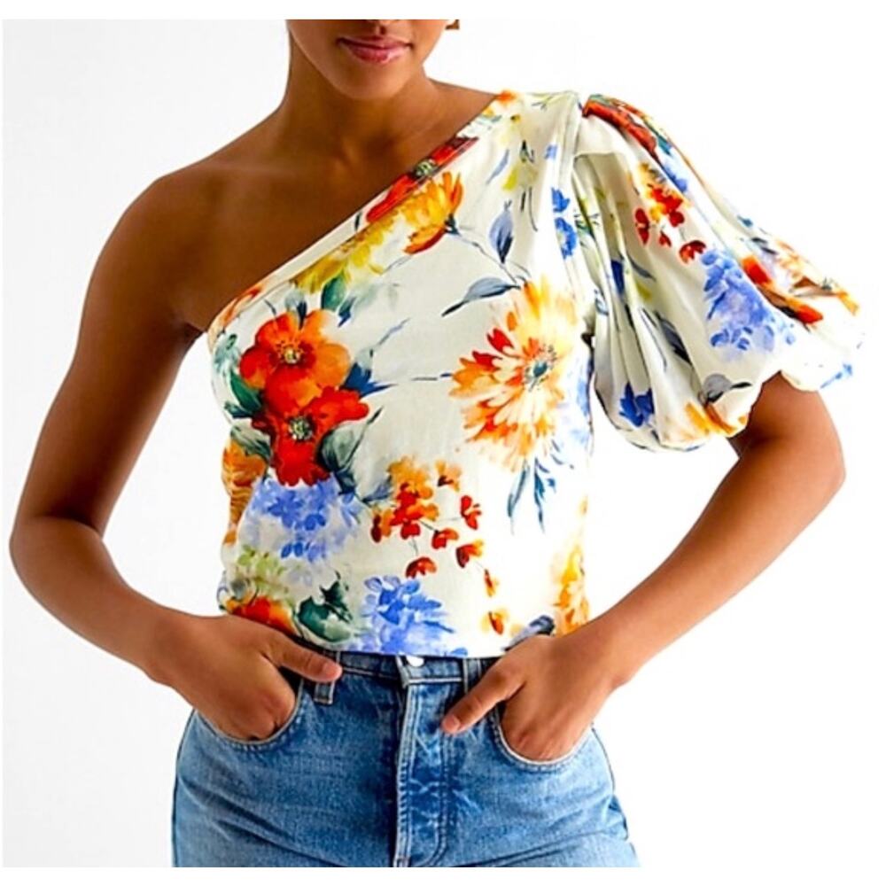 NWT Express  Floral Skimming One Shoulder Puff Sleeve Multi Color Top Small